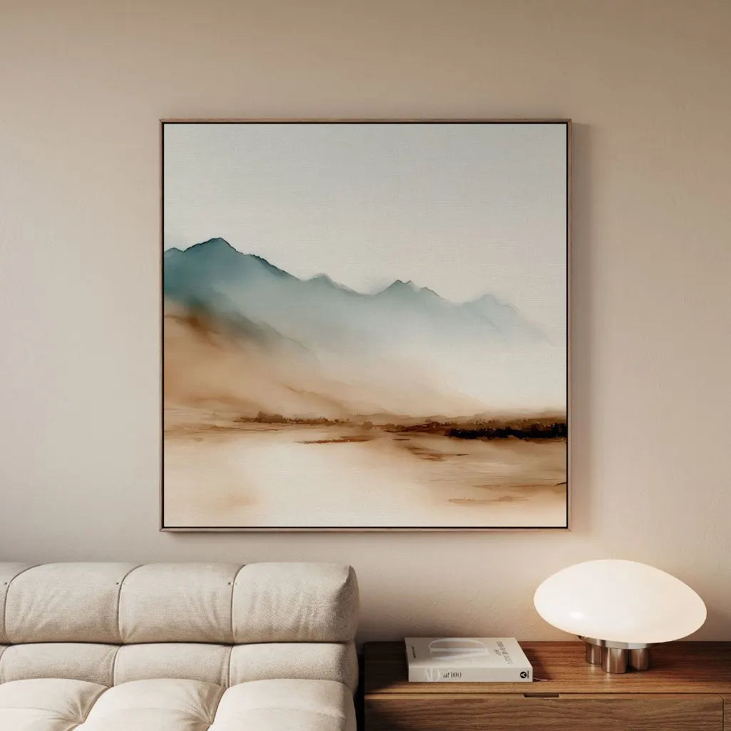 Gerahmtes Leinwandbild – Beige und blaue Berge
