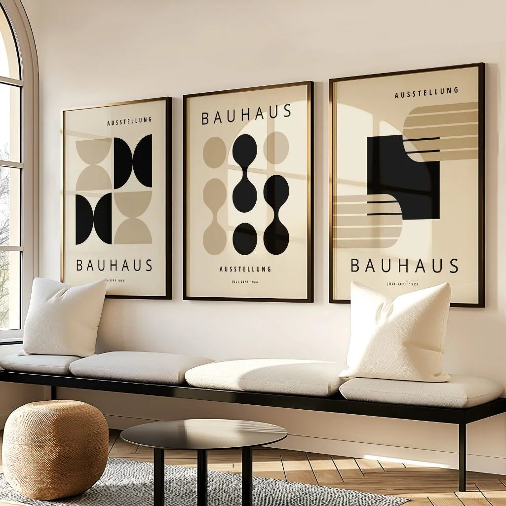 black and beige bauhaus poster set arranged as modern gallery wall