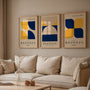 navy yellow and beige bauhaus wall art set in modern minimalist living room