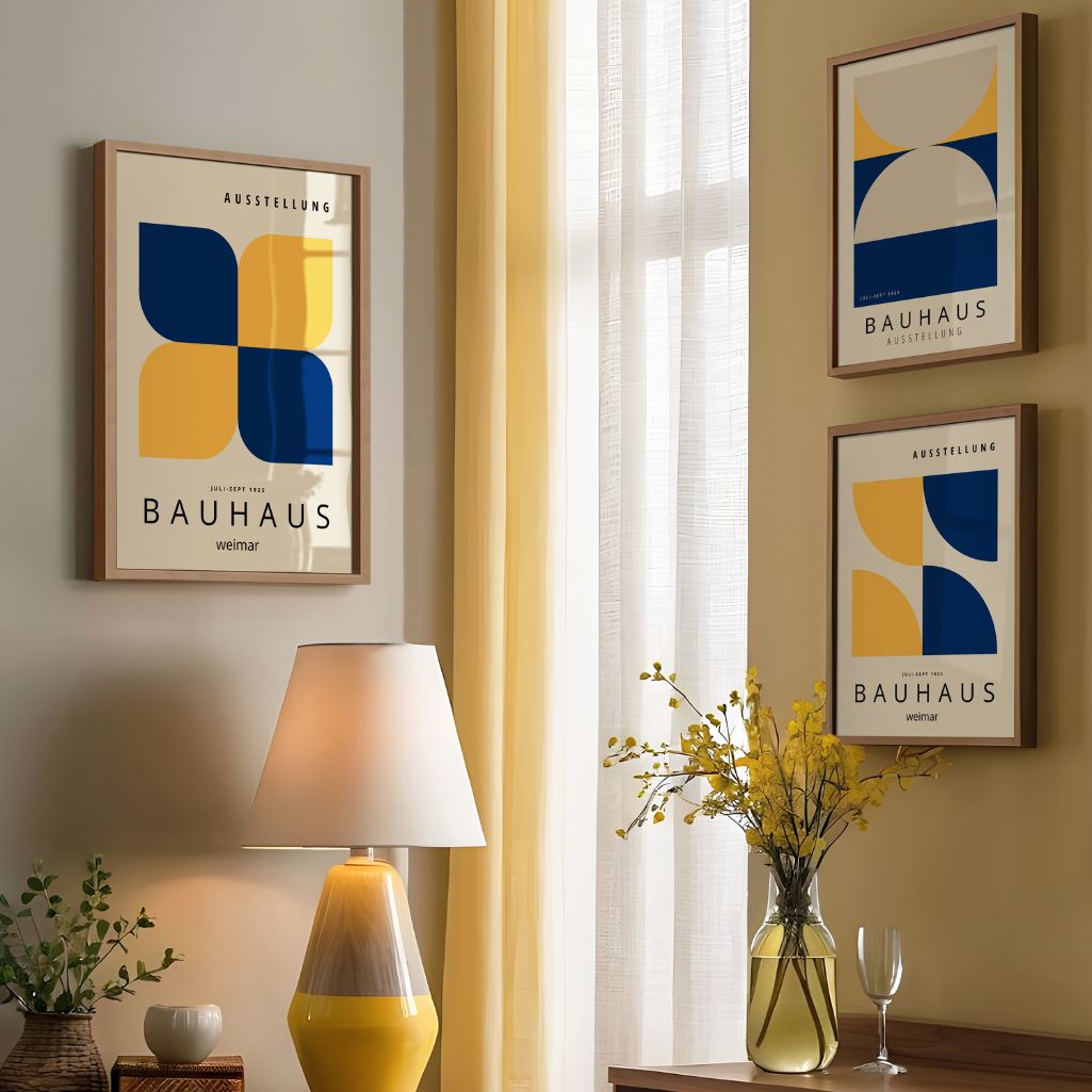 navy yellow and beige geometric bauhaus poster set in contemporary office
