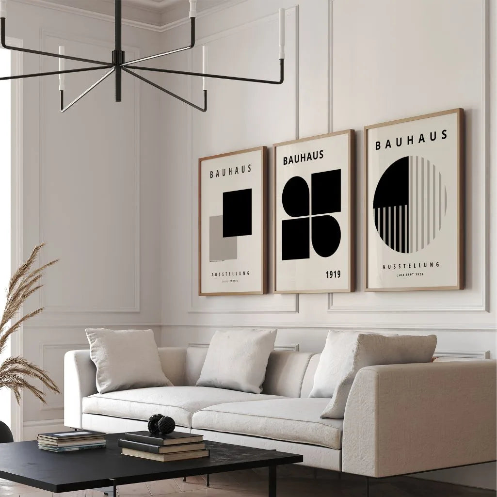 bauhaus geometric structure wall art black beige bedroom interior