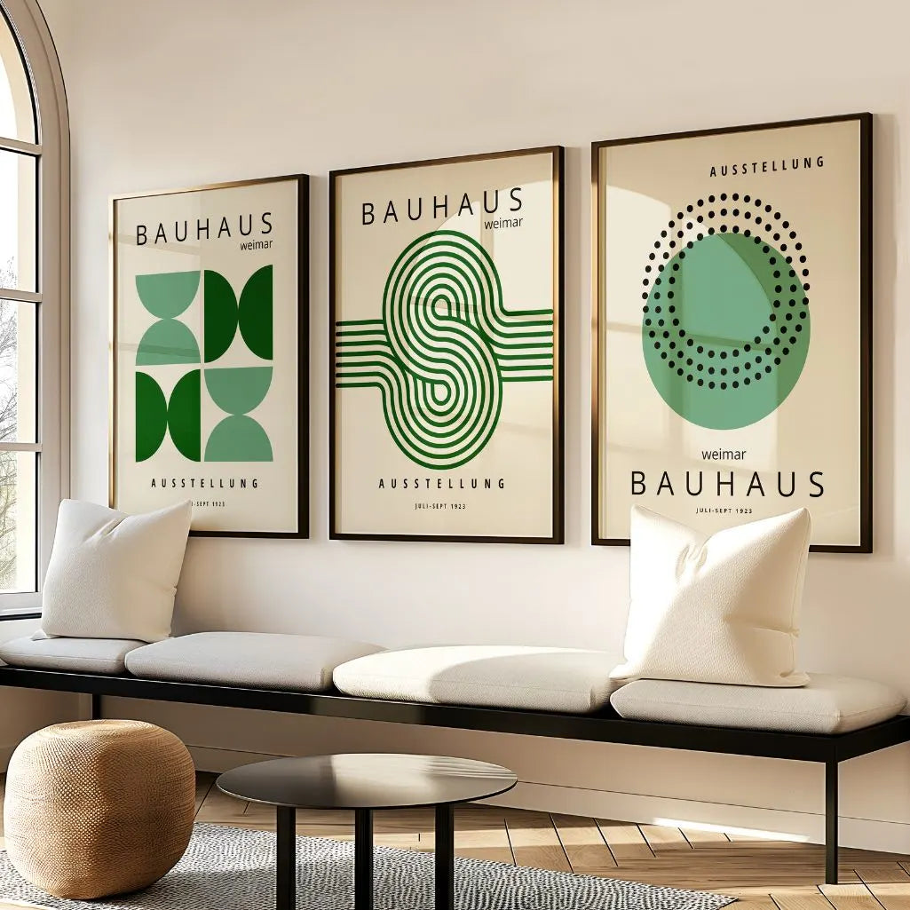 green geometric bauhaus poster set arranged in gallery wall