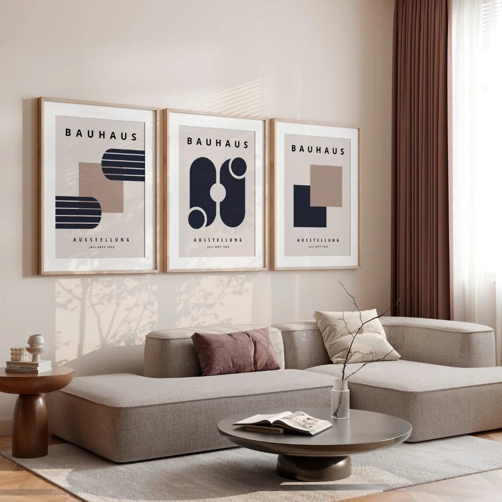 beige and black bauhaus poster set arranged as modern gallery wall