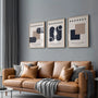 beige and black geometric bauhaus poster set with flat shapes in office
