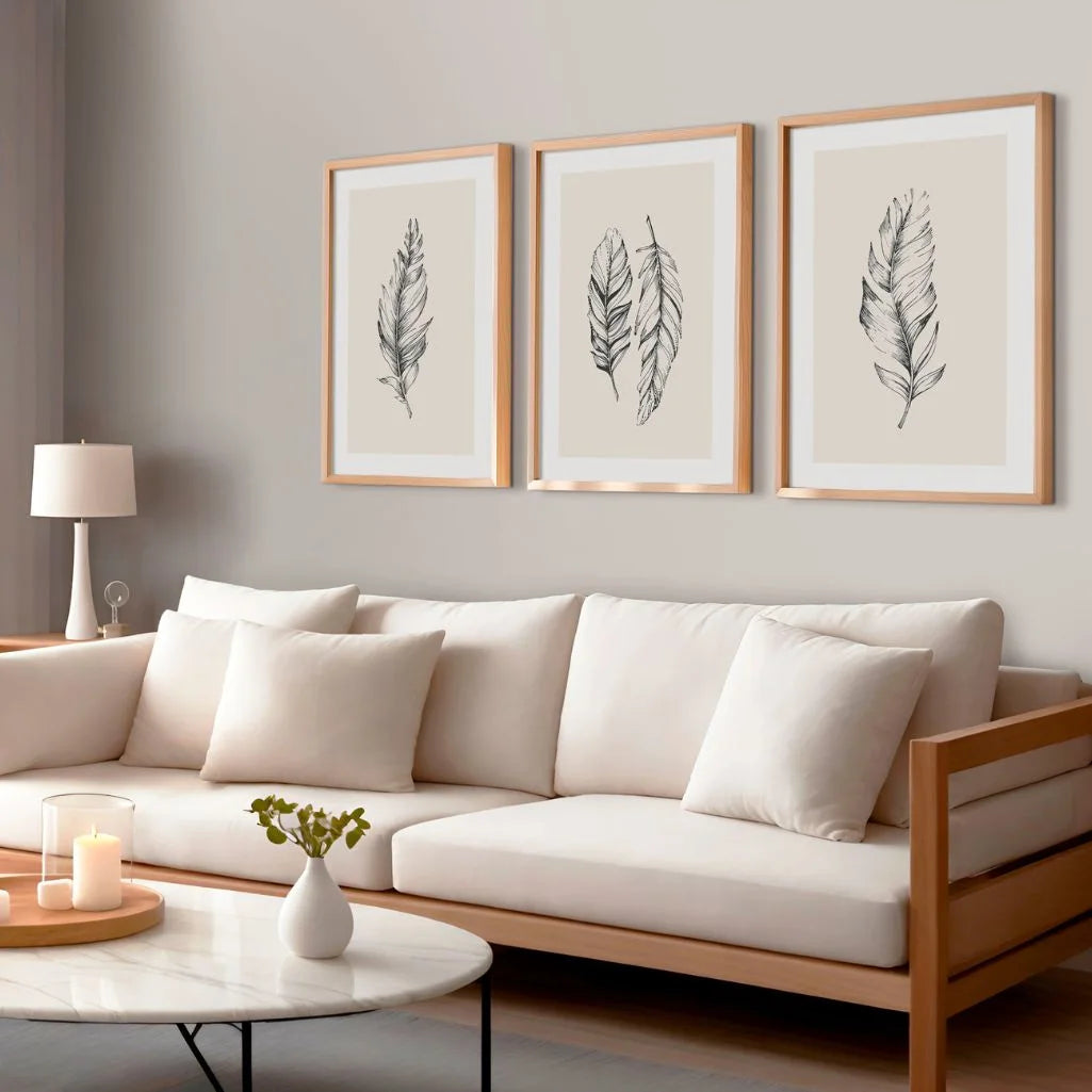 botanical feather line art poster set of 3 black on beige natural wall decor