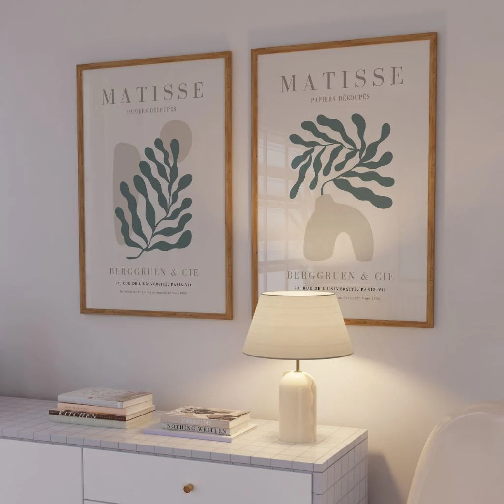 Set of 2 botanical form posters arranged as gallery wall in calm modern interior