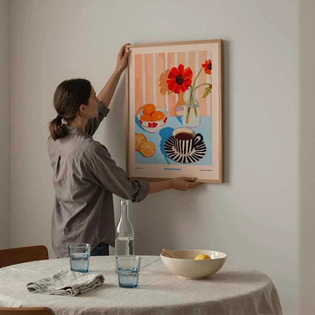 still life poster with coffee fruit and flowers in dining space