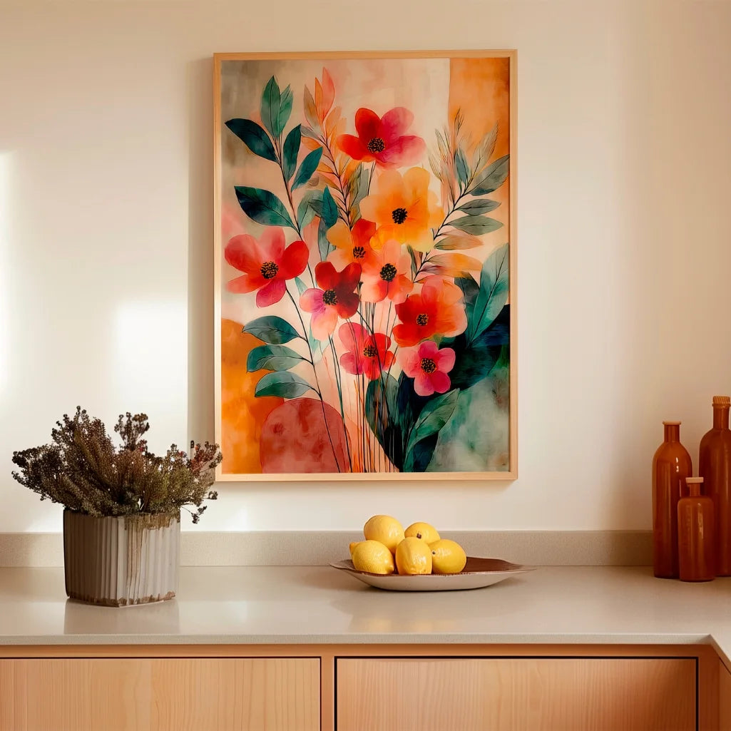 Coral pink floral poster with orange flowers and botanical design for elegant bedroom decor