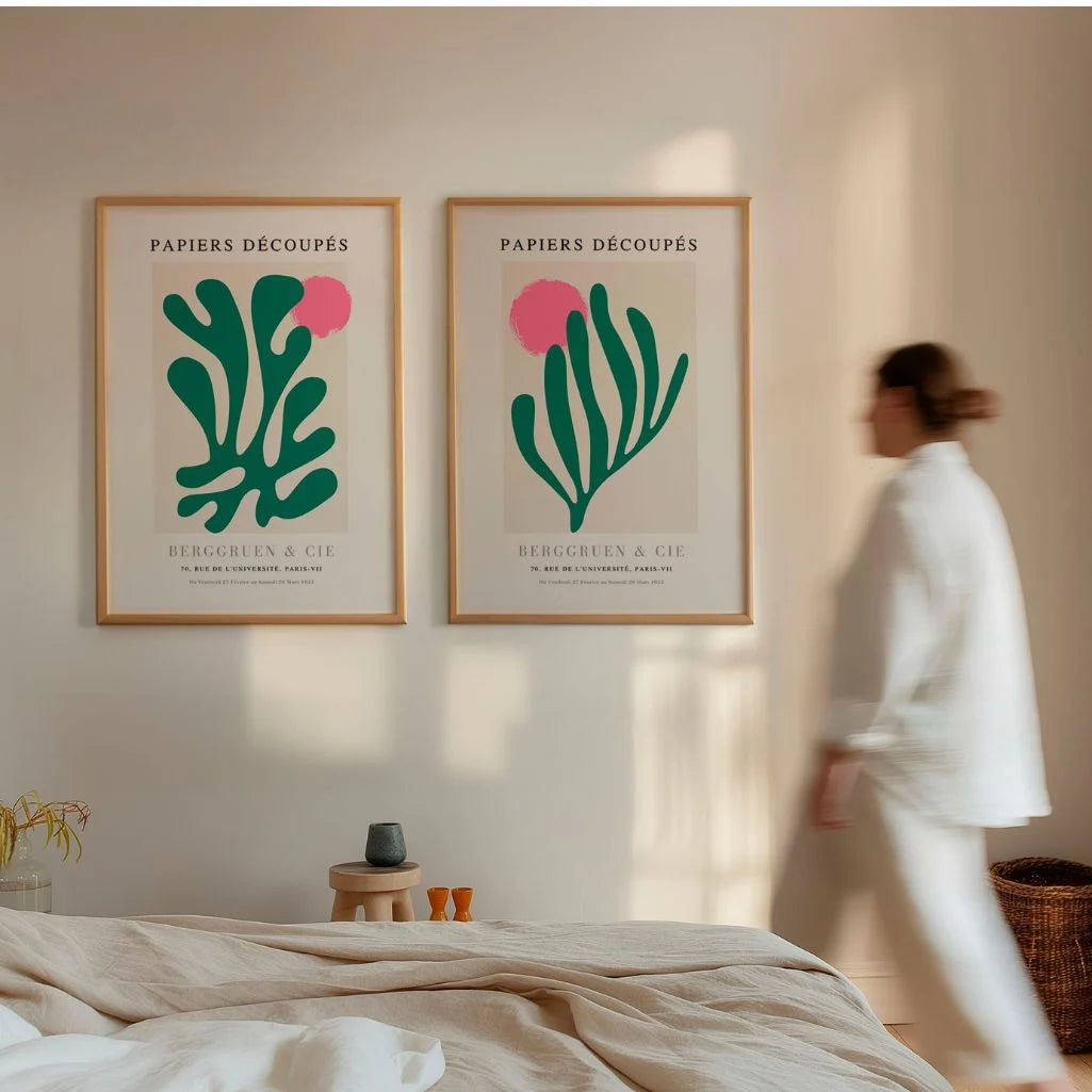 Set of 2 green abstract posters styled in modern living room with minimalist decor