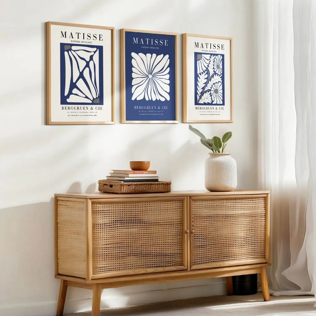 Henri Matisse abstract floral poster set of 3 in blue tones for stylish wall decor