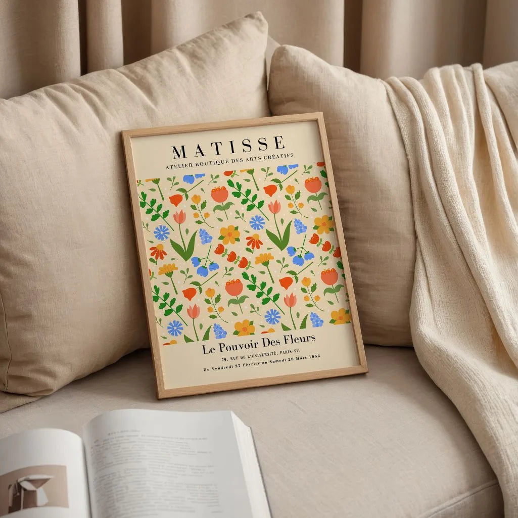 Close up of botanical floral poster showing tulips daisies and stylized leaves