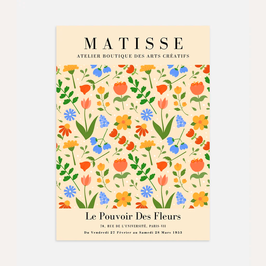 Matisse floral garden poster with tulips cornflowers daisies and decorative botanical pattern