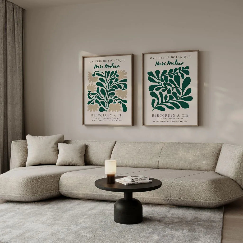 Close up of abstract green leaf poster set showing soft botanical shapes and neutral tones