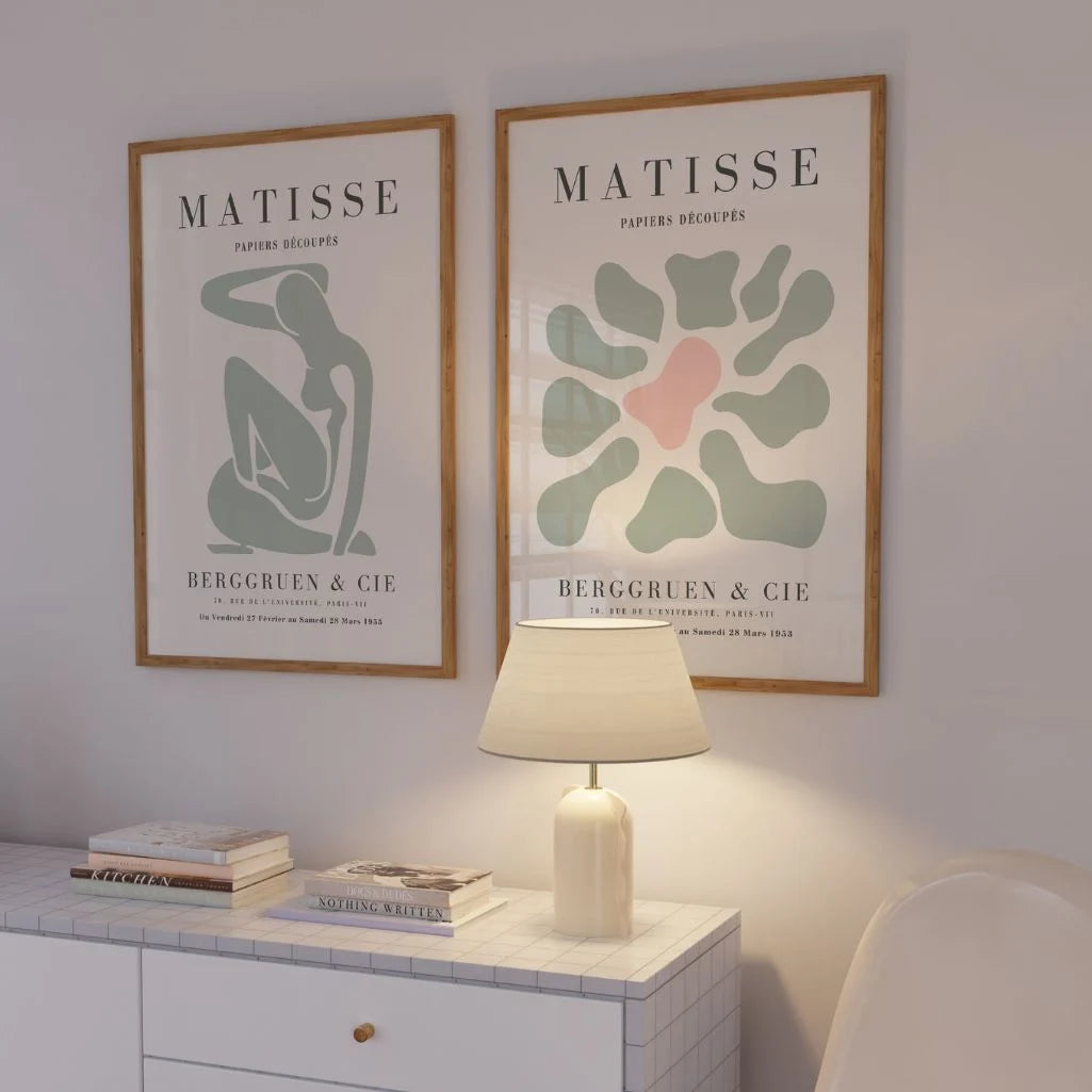 Close up of mint abstract poster set showing organic shapes and powder blush accents
