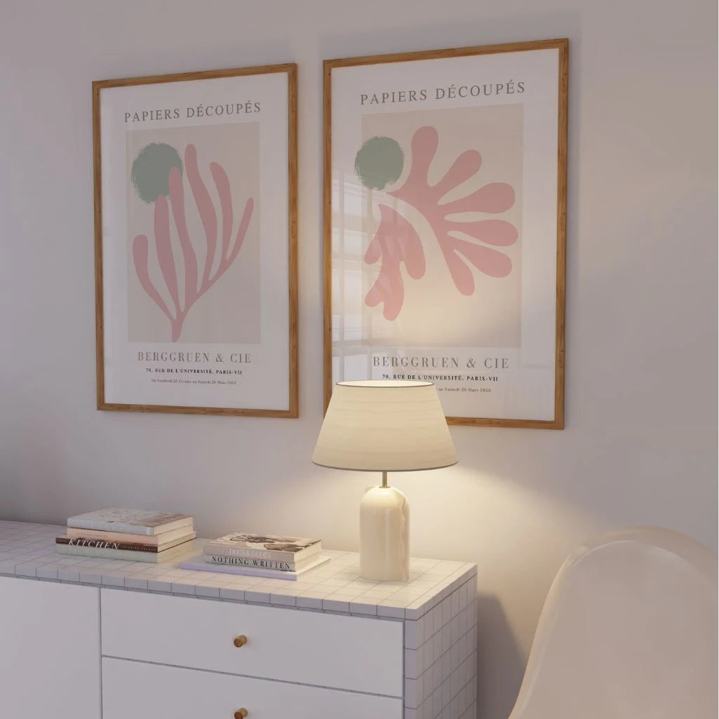 Close up of abstract pink shapes poster set showing smooth curves and pastel tones