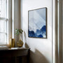Close up of blue mountain mist poster showing soft gradient layers and fog effect