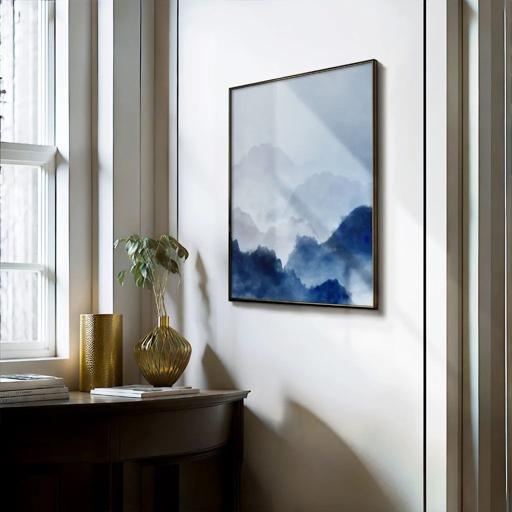 Close up of blue mountain mist poster showing soft gradient layers and fog effect