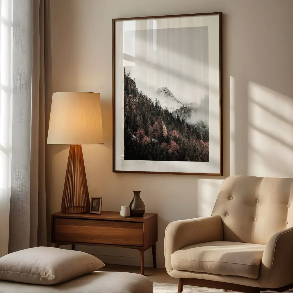 mountain peak in mist poster autumn forest detail