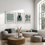green and sage bauhaus poster set arranged in modern gallery wall with geometric segments