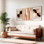 brown and beige bauhaus poster set in cozy minimalist bedroom interior