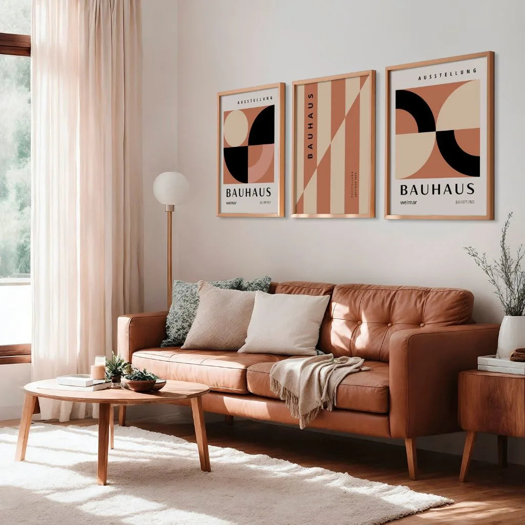brown cream and black bauhaus wall art set in modern warm living room