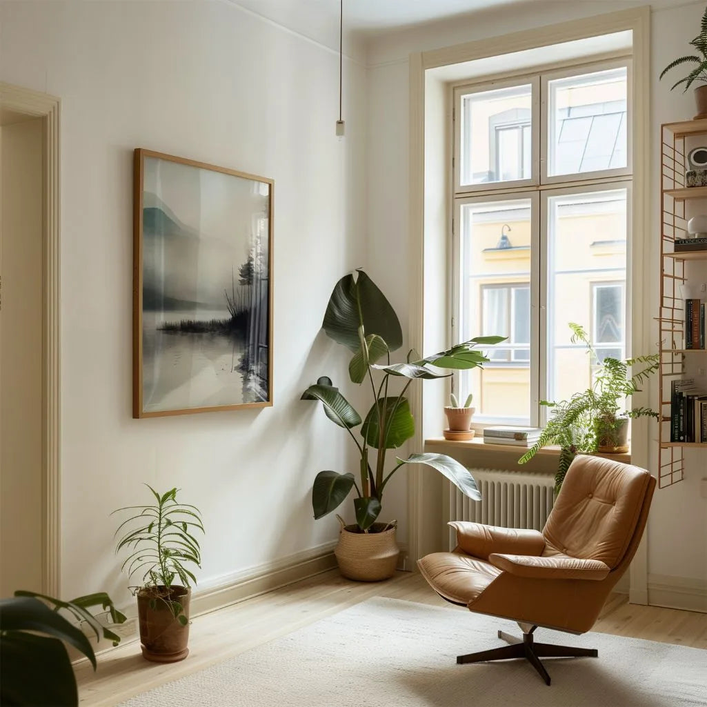 Watercolor lake reflection poster displayed in gallery wall with modern interior