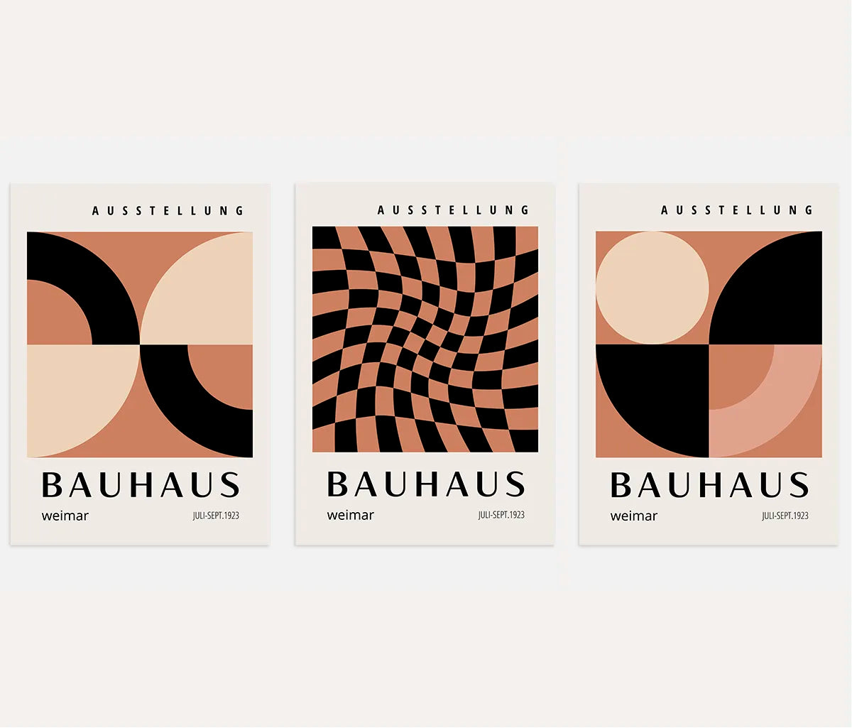 bauhaus poster set of 3 with caramel cream and black wavy checkerboard and semicircles