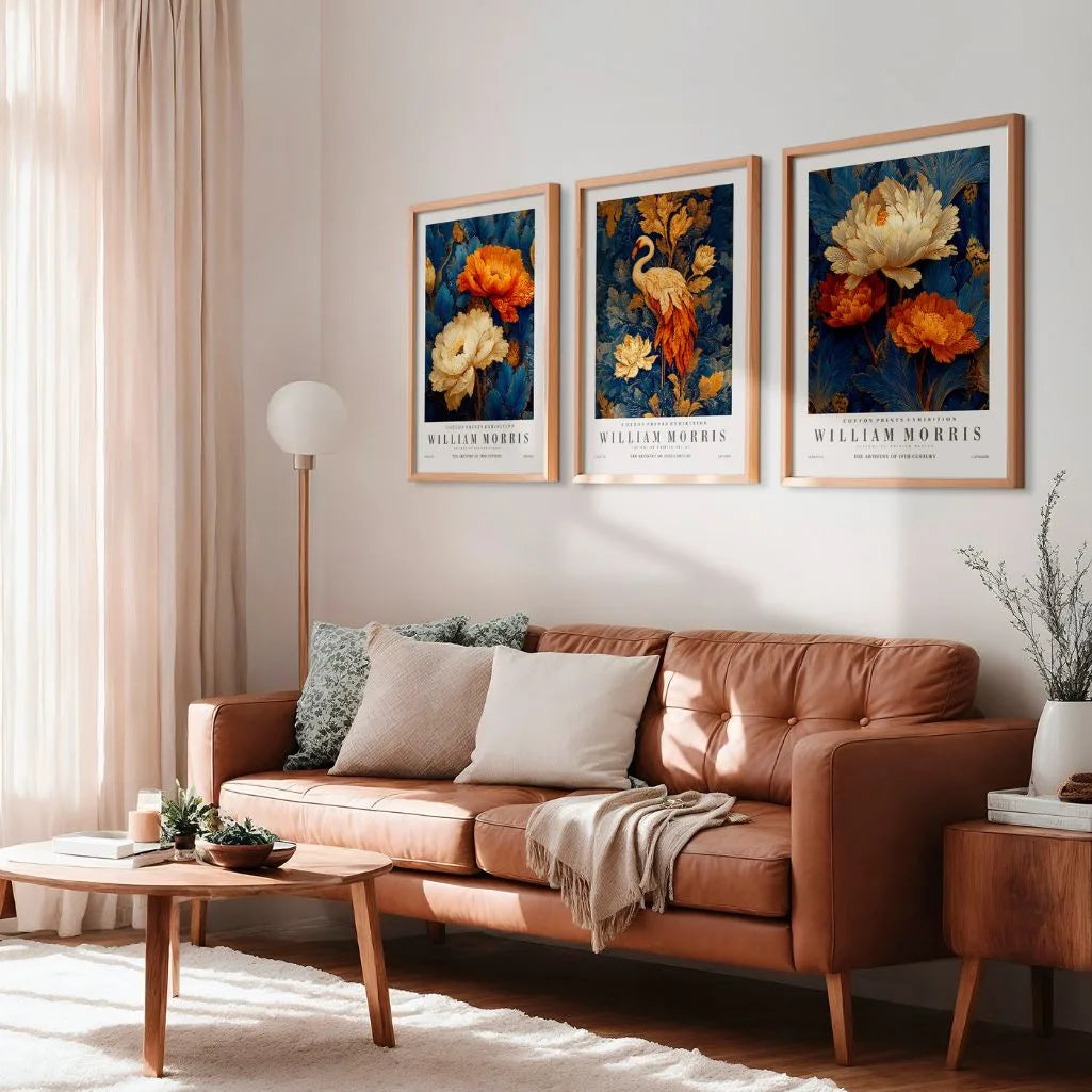 William Morris botanical animal poster set with crane and flowers for wall art